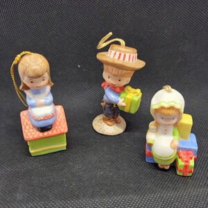 Vintage 1983 Porcelain Christmas Ornaments Lot of 3 Children Gifts Signed AJ